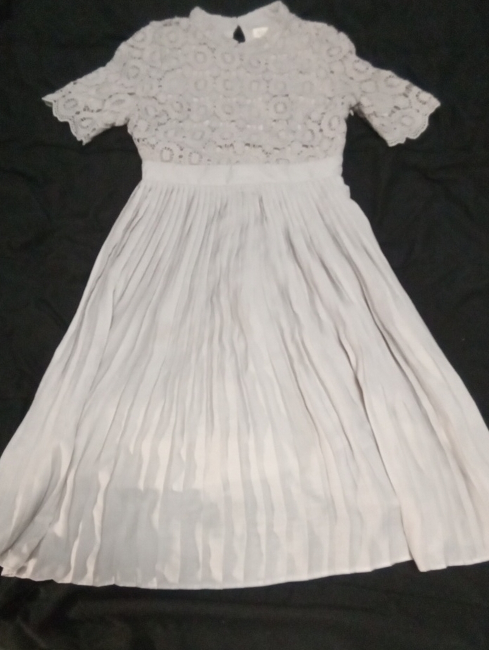 ROOLEE Pleated Midi Dress with Lace Bodice - Light Gray